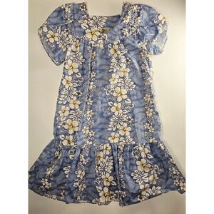 Winnie Fashion Small Blue White Cotton Blend Hawaiian Floral Print House Dress
